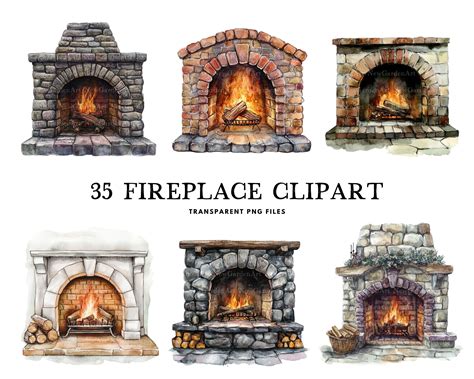 Watercolor Fireplace Clipart Bundle, Fireplace Png, Vintage Fireplace ...