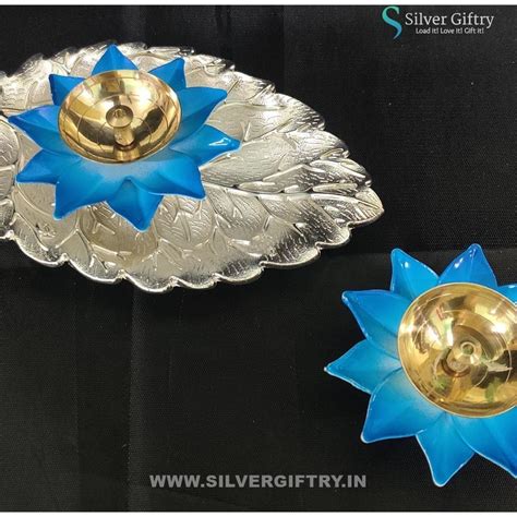 Imported Tray with Brass Lotus Diya Pair Mix Colors – Silver Giftry