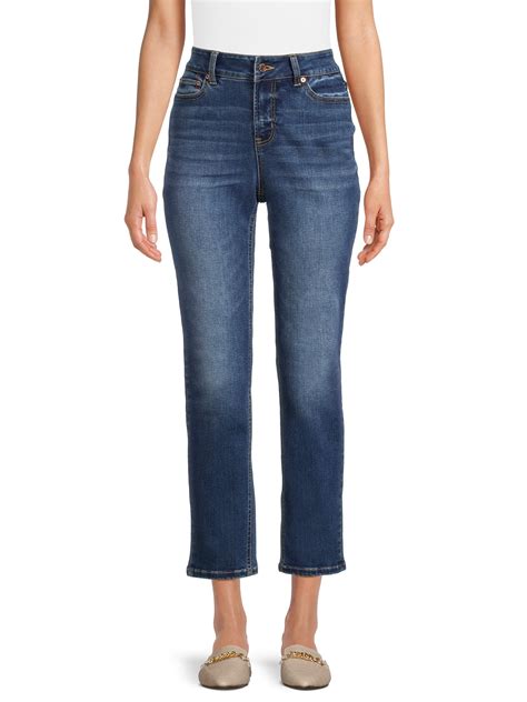 Time & Tru Women's Mid Rise Stretch Denim Straight Leg Jeans with ...