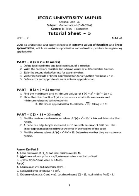Tutorial Sheet 5 (DMA024A) - Extreme Values & Linear Approximation ...