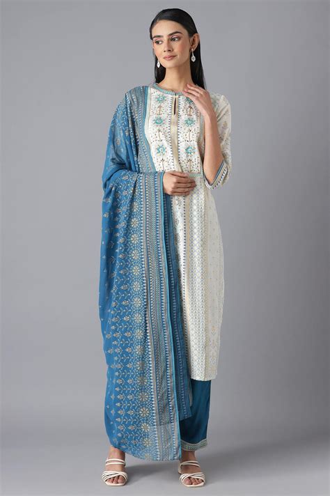 Buy White Printed kurta, Blue Trousers and Dupatta Set Online for Woman ...