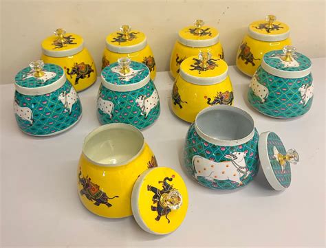 Pichwai Floral metal meenakari jars for festival Diwali, Navratri, Poo ...