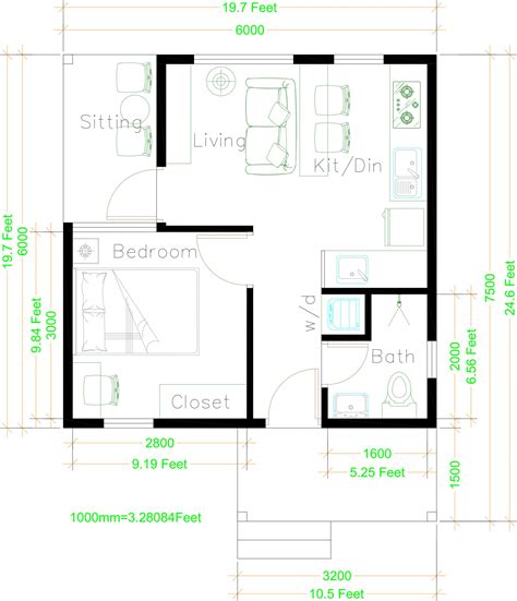 One Bedroom House Plans 6x7.5 with Gable Roof - House Design 3D