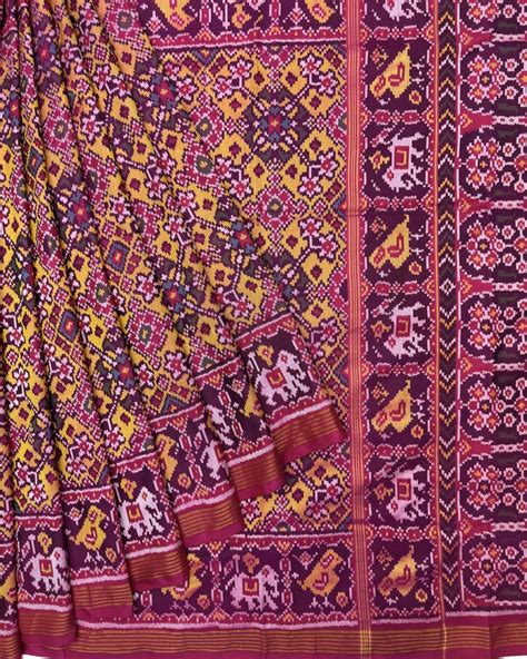 Pink & Yellow Navratan Semi Double Ikat Patola Saree – SindhoiPatolaArt