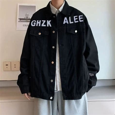 Stylish Black Solid Denim Jacket Printed Loose Fit Street Style Button ...