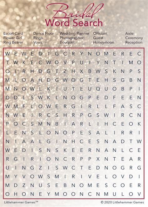 Bridal word search rose gold glitter printable game cards – Artofit