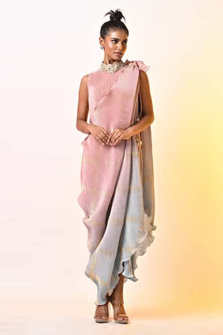Buy Pink Polyester Pearls Round Neck Hand Embroidered Ombre Maxi Dress ...