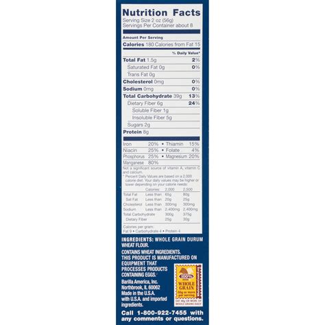 barilla whole wheat pasta nutrition facts