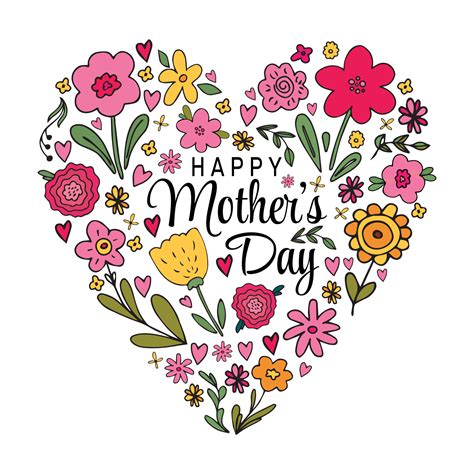 Cute Happy Mothers Day greeting card. Vector illustration with heart shape bouqet with various ...