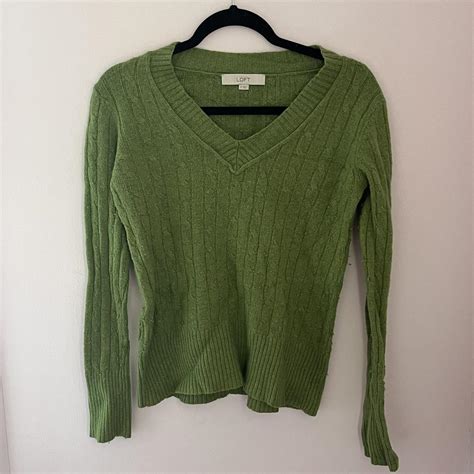 loft green v-neck sweater 🦠 suuuper soft but has... - Depop