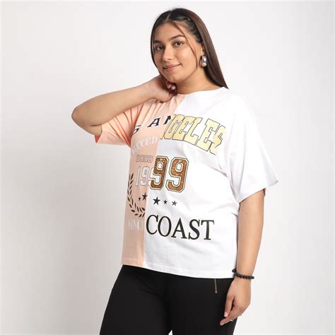 Plus Size Peach and White Color Block Chest Print Cotton Tee by CALAE ...