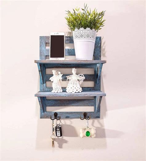 Shabby Chic Mango Wood Floating Wall Shelf in Blue Colour – Wood Dekor