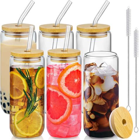 Amazon.com: SENTVEND 16 Oz Drinking Glasses with Bamboo Lids and Glass ...