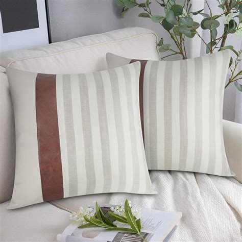 Amazon.com: Faux Leather and Linen Throw Pillow Covers 18 x 18 Inch Set ...