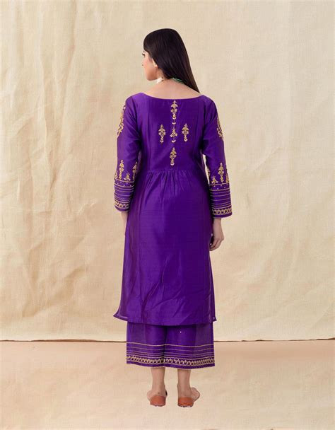 Purple hand embroidered chanderi silk kurta with silk palazzo and ...