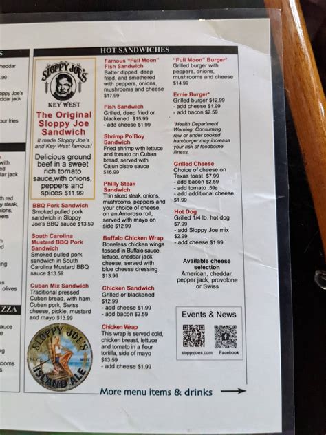 Menu at Sloppy Joe's Bar, Key West, 201 Duval St