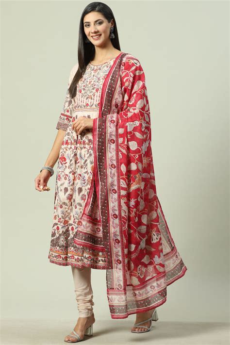 Beige Cotton Anarkali Kurta Churidar Suit Set at Biba India