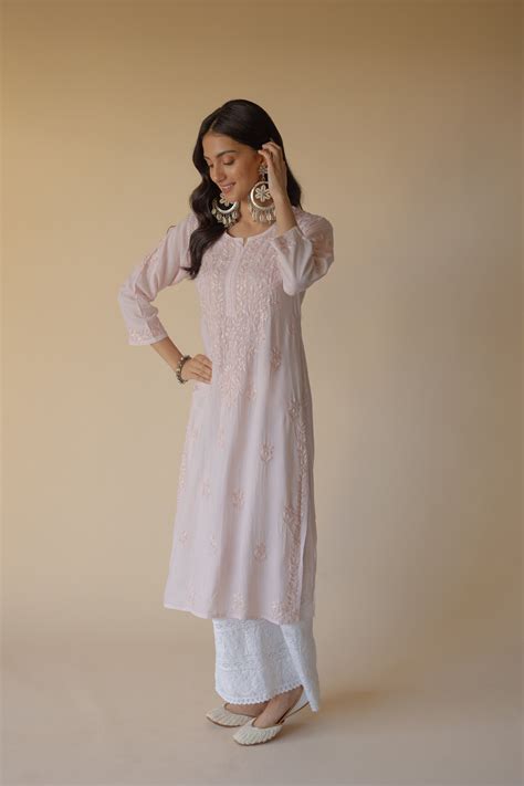 Lulu Light Peach Modal Hand Embroidered Chikankari Kurta