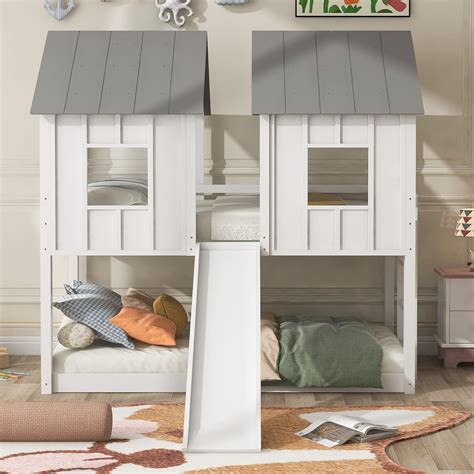 Amazon.com: Harper & Bright Designs House Bunk Bed with Slide, Twin ...