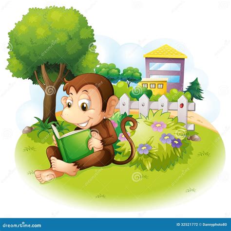 A Monkey Reading a Book Near the Plants with Flowers Stock Vector ...
