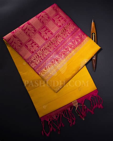 Turmeric Yellow and Rani Pink Soft Silk Saree - AC55 – Pashudh Sarees