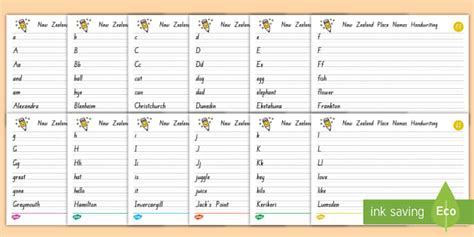 New Zealand Place Names Handwriting Cards