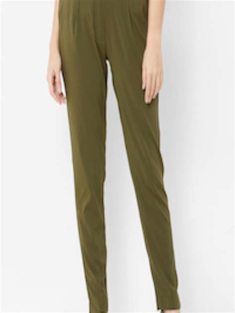 Buy ZOLA Women Olive Green Straight Fit Pleated Trousers - Trousers for ...