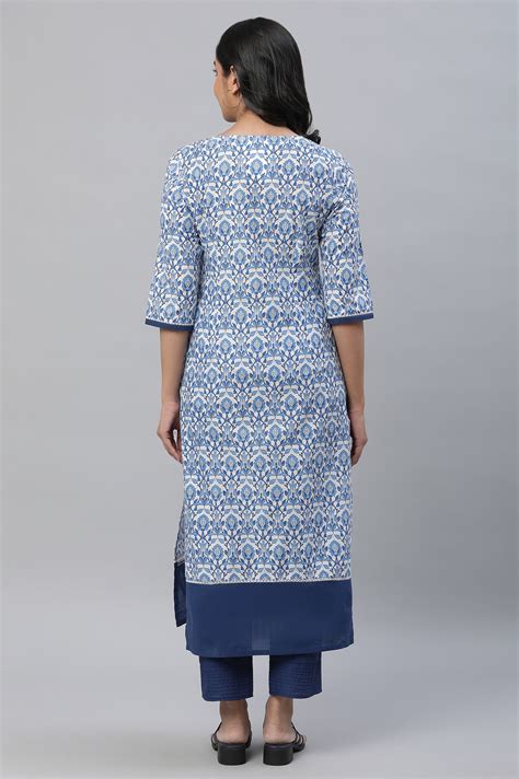Buy White Straight Kurta in Indigo Floral Print Online for Woman | Shop ...