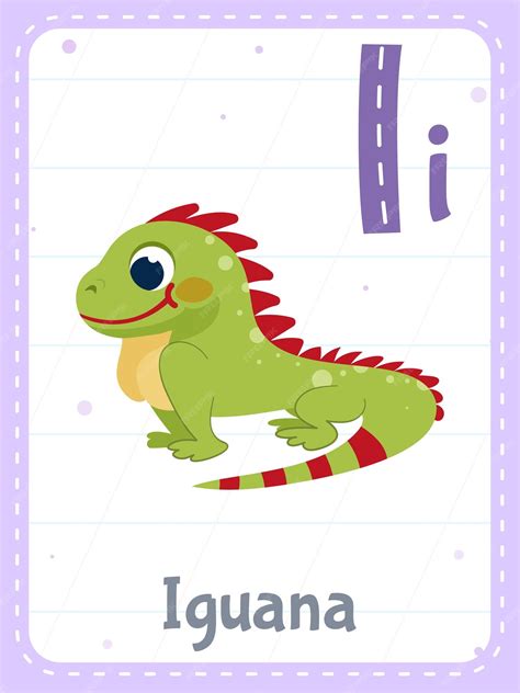 Flashcard imprimible del alfabeto con la letra i y el animal iguana ...