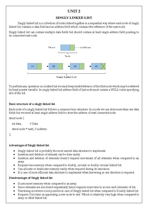 Unit 2 notes - UNIT 2 SINGLY LINKED LIST Singly linked list is a ...