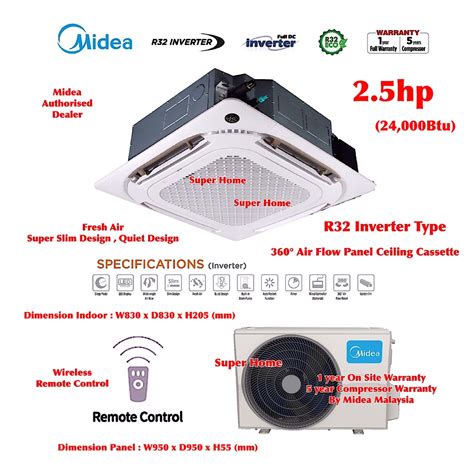 Midea R32 Inverter Ceiling Cassette Air conditioner 1.5hp - 3.0hp (MCX ...