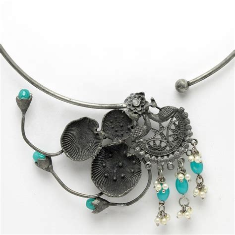 Buy Moedbuille Turquoise Pearls Studded Antique Floral Design Oxidised ...
