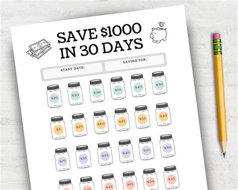 Save 1000 in 30 Days Savings Challenge, One Month Savings Tracker, 30 ...