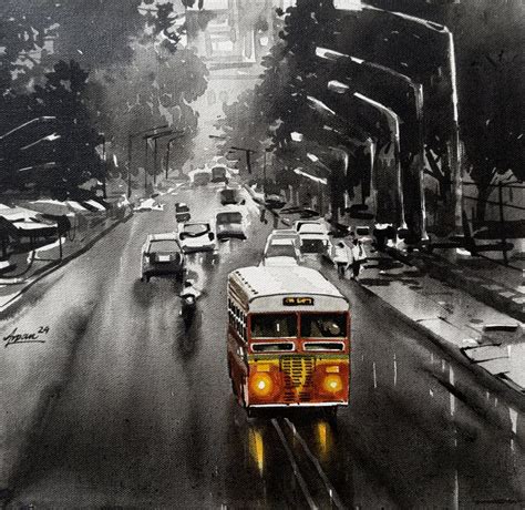 "Mumbai Street 2": Steel Grey Acrylic Painting by Arpan Bhowmik ...