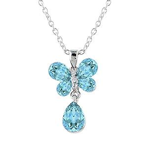 Mahi Rhodium Plated Carefree Butterfly Pendant with Aqua Blue Crystals ...