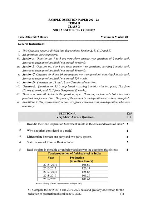 Practice this Term 2 Class 10 CBSE Social Science sample paper to score ...