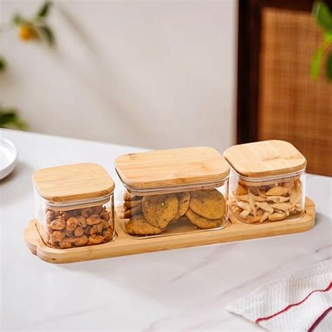 Buy Nestasia Set of 3 Borosilicate Glass Snack Jars with Wooden Tray ...
