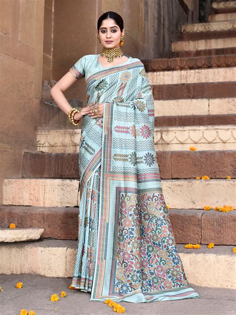 Elegance in Every Drape: Aqua Blue Pure Tussar Silk Kantha Pattern ...