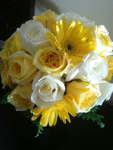 White Roses, Yellow Roses, Yellow Gerbera Daisies + Green Cedar | White ...