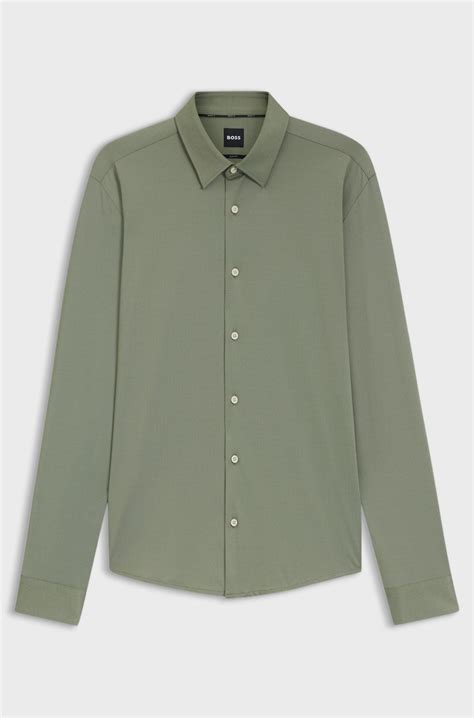 BOSS - Slim-fit shirt in structured performance-stretch fabric - Green