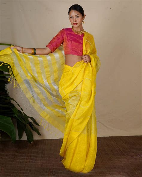Buy Arunima Yellow Handwoven Linen Zari Saree | Saree new design