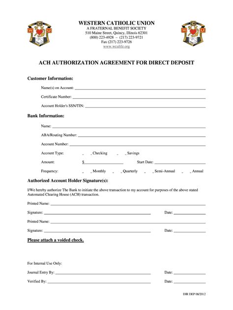 ACH Authorization Agreement for Direct Deposit - Blank Fillable ...