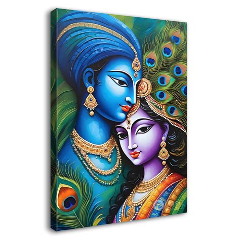 Blue face of krishna with radha in peacock feathers background texture ...