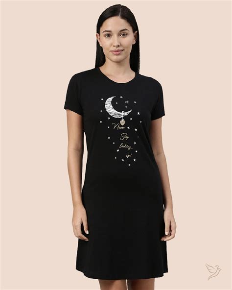 TwinBirds Womens Lounge Wear Black Printed Long Tee - LT0007