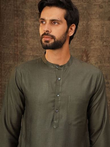 Shop Jaypore Men Olive Green Silk Blend Mandarin Collar Regular Fit ...