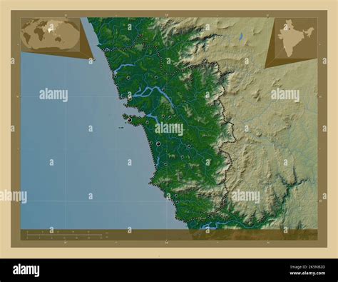Goa, state of India. Colored elevation map with lakes and rivers ...