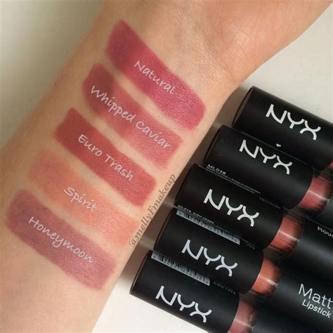 NYX Matte lipsticks in Natural, Whipped Caviar, Euro Trash, Spirit, and ...