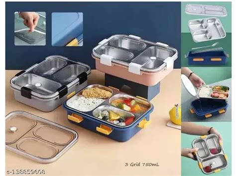 "Leak Proof 3 Compartment Stainless Steel Lunch Box with Removable ...