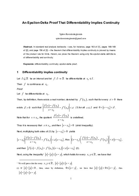 (PDF) An Epsilon-Delta Proof That Differentiability Implies Continuity