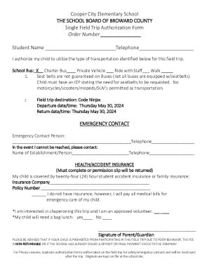 FL Cooper City Elementary School Single Field Trip Authorization Form ...